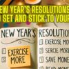 New Year's Resolutions written on sticky notes with tips and strategies.