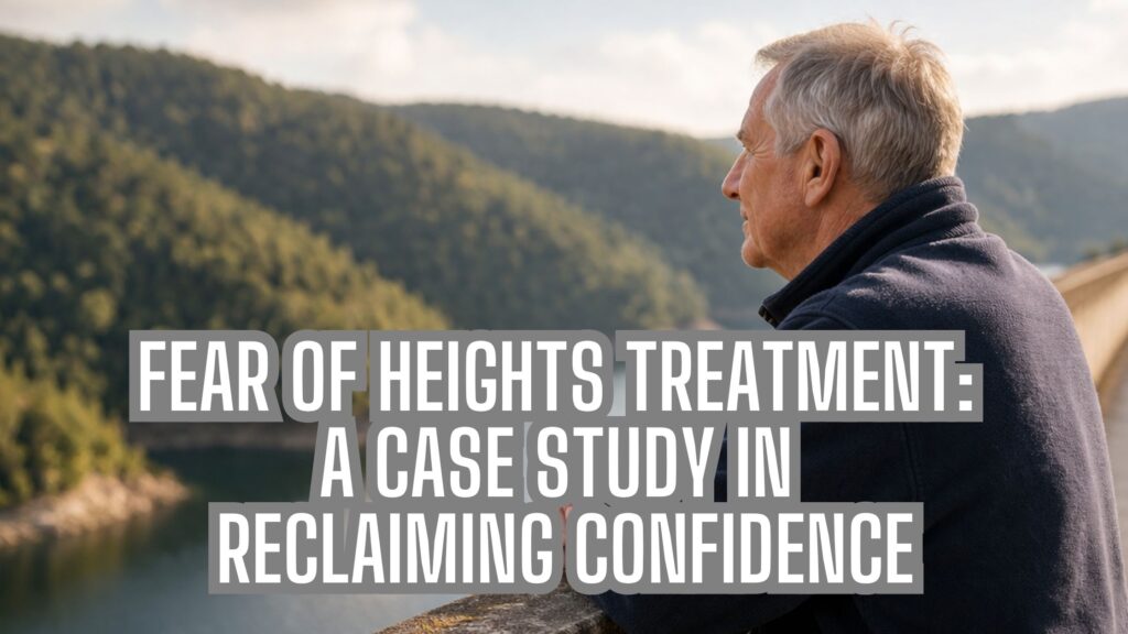 Older man calmly looking out over a high scenic viewpoint, representing fear of heights treatment and overcoming acrophobia