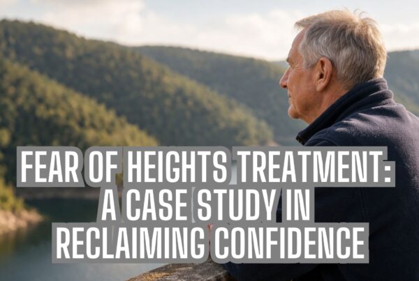 Older man calmly looking out over a high scenic viewpoint, representing fear of heights treatment and overcoming acrophobia