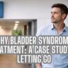 Man hesitating outside public restroom illustrating shy bladder syndrome treatment and anxiety about using public bathrooms