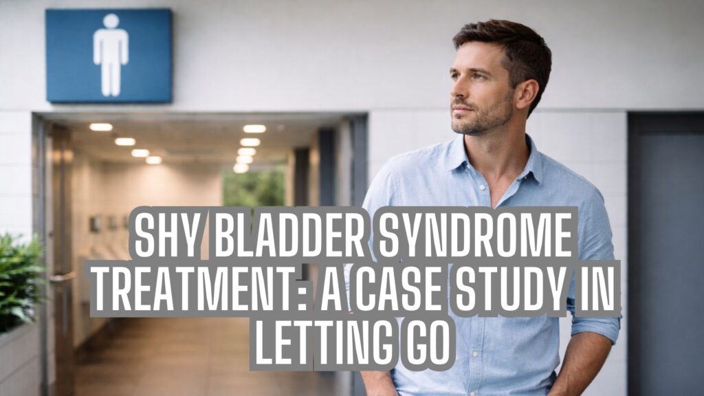 Man hesitating outside public restroom illustrating shy bladder syndrome treatment and anxiety about using public bathrooms