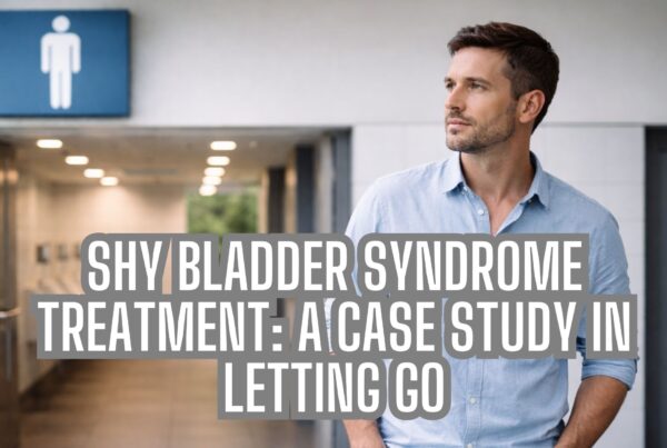 Man hesitating outside public restroom illustrating shy bladder syndrome treatment and anxiety about using public bathrooms