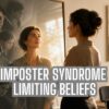 Woman looking into a fractured mirror with anxious reflections, symbolising imposter syndrome limiting beliefs and self-doubt.