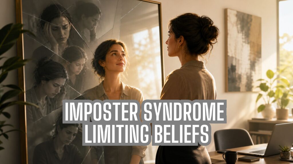 Woman looking into a fractured mirror with anxious reflections, symbolising imposter syndrome limiting beliefs and self-doubt.