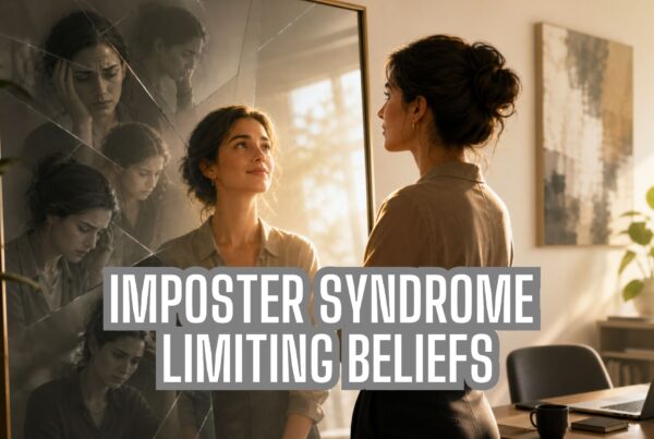 Woman looking into a fractured mirror with anxious reflections, symbolising imposter syndrome limiting beliefs and self-doubt.