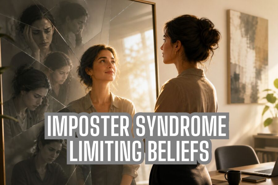 Woman looking into a fractured mirror with anxious reflections, symbolising imposter syndrome limiting beliefs and self-doubt.