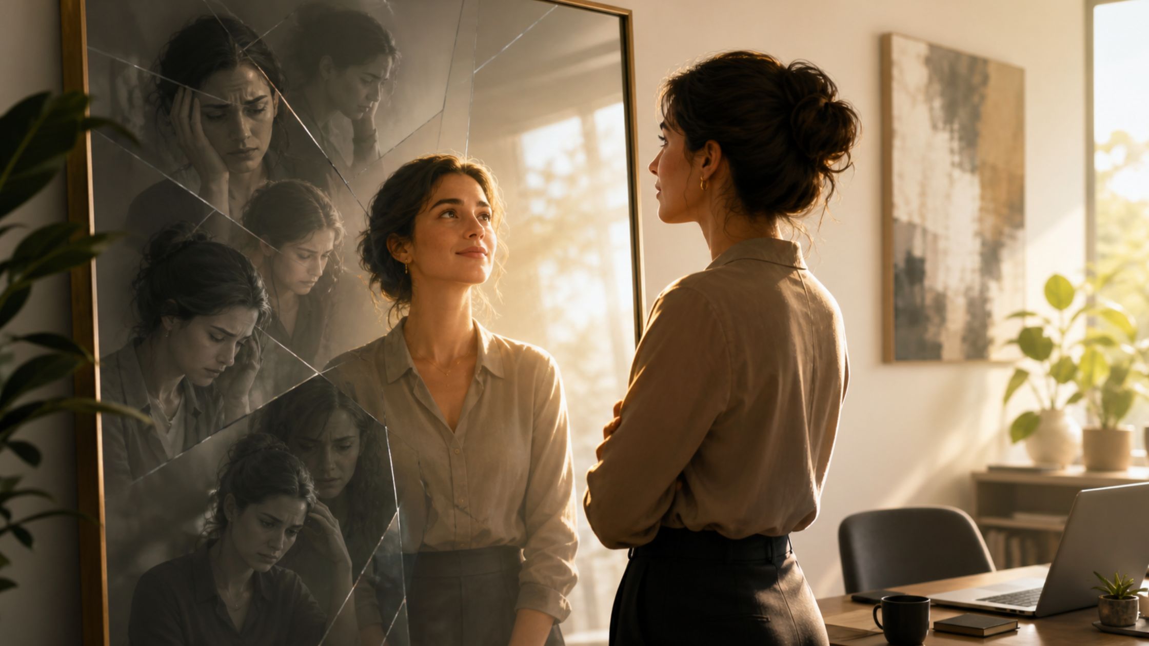Woman looking into a fractured mirror with anxious reflections, symbolising imposter syndrome limiting beliefs and self-doubt.